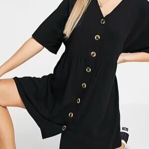 Asos V-Neck Button Down Mini Smock Dress in Black Size 12 NWT